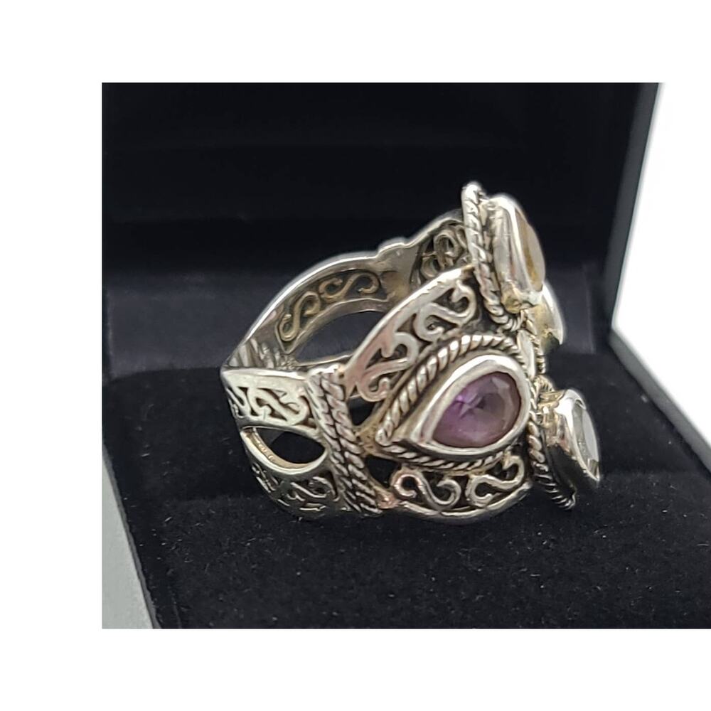 Vintage 925 Sterling Silver Colorful Glass Crystals Stunning Filigree Ring Sz 7 - Picture 6 of 9
